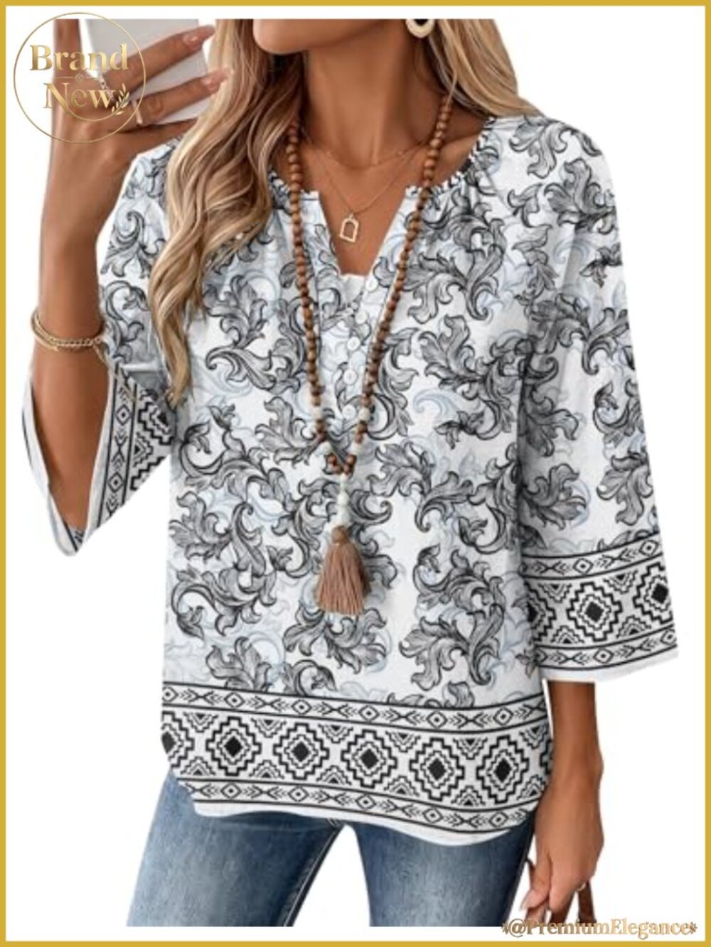 Women's V Neck 3/4 Sleeve Linen Cotton Blend Button Down Blouse Shirt